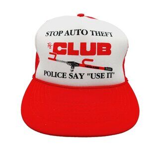 Stop Auto Theft "The Club" Hat Cap Red White Snap Back Vintage Mesh